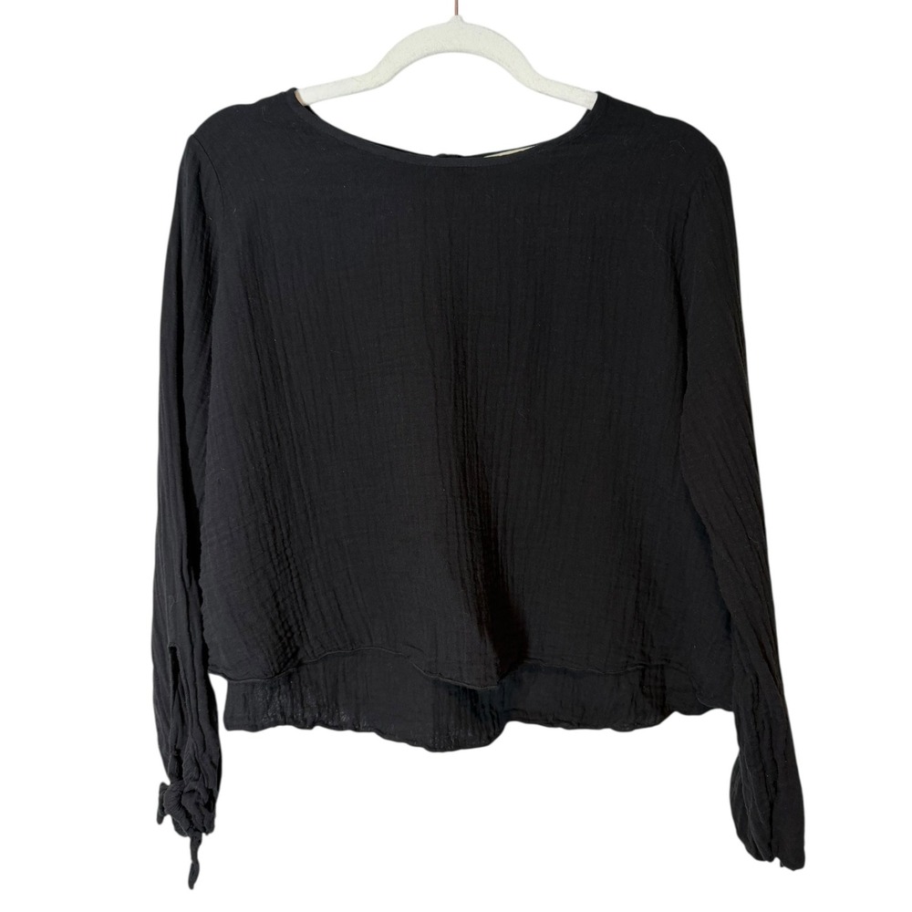 STARK X Black‎ Gauze Textured Long Sleeve Tie Cuff Casual Top Women's XS Minimal